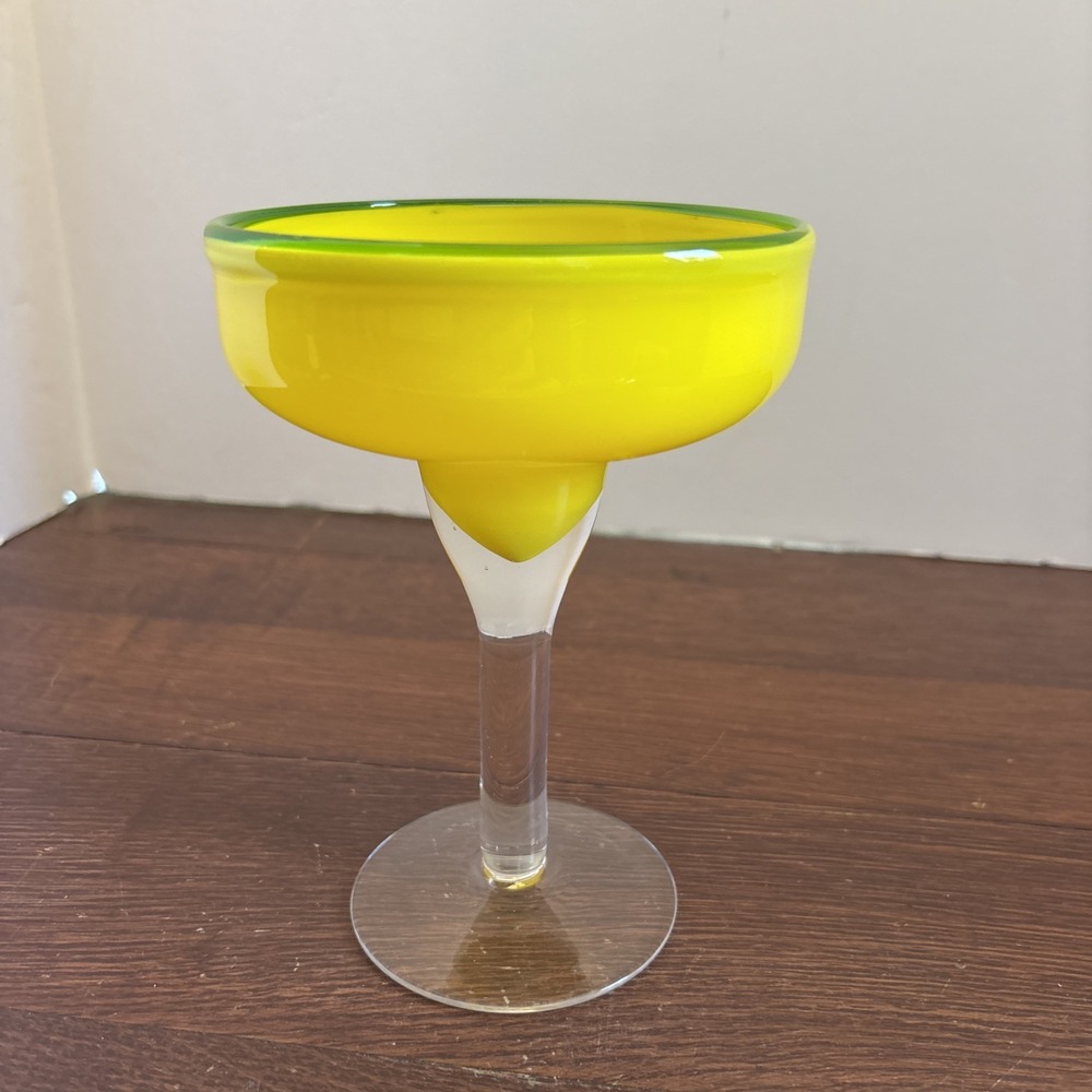 Margarita Glass Opaque Yellow With‎ Green Trim Hand Blown  Art Glass